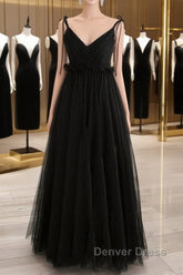 A-Line Black Tulle Long Prom Dresses, Black Formal Evening Dresses